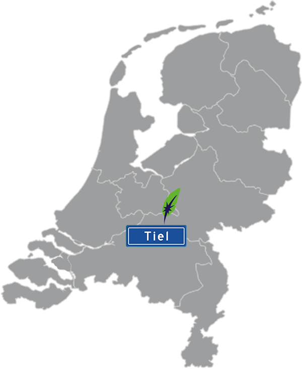 Landkaart Nederland grijs - locatie Dagnall Taleninstituut in Tiel - aangegeven met blauw plaatsnaambord met witte letters en Dagnall veer - op transparante achtergrond - 600 * 733 pixels
